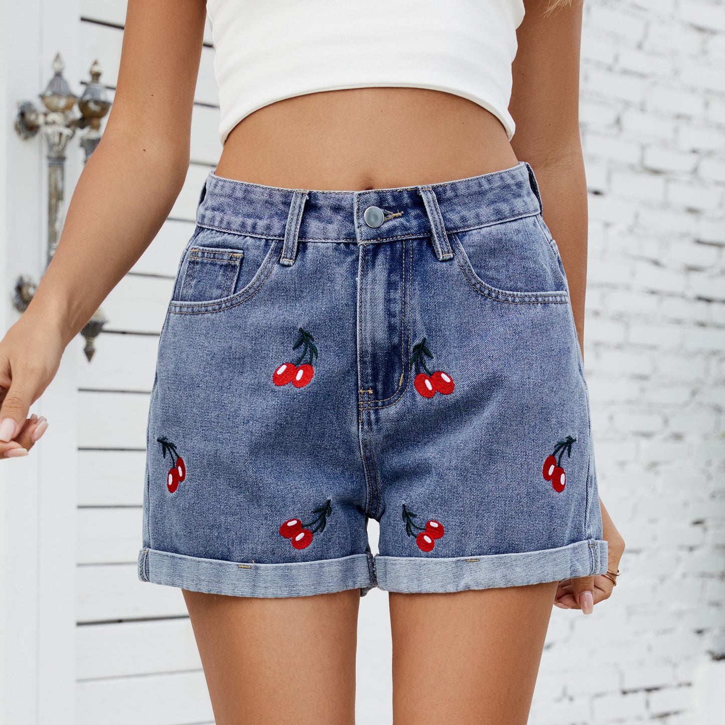 Women's versatile cherry embroidered denim shorts and hot pants