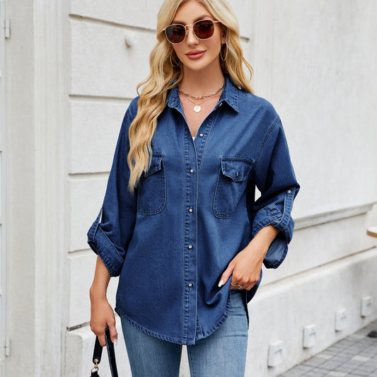 Women's adjustable sleeve denim shirt loose top